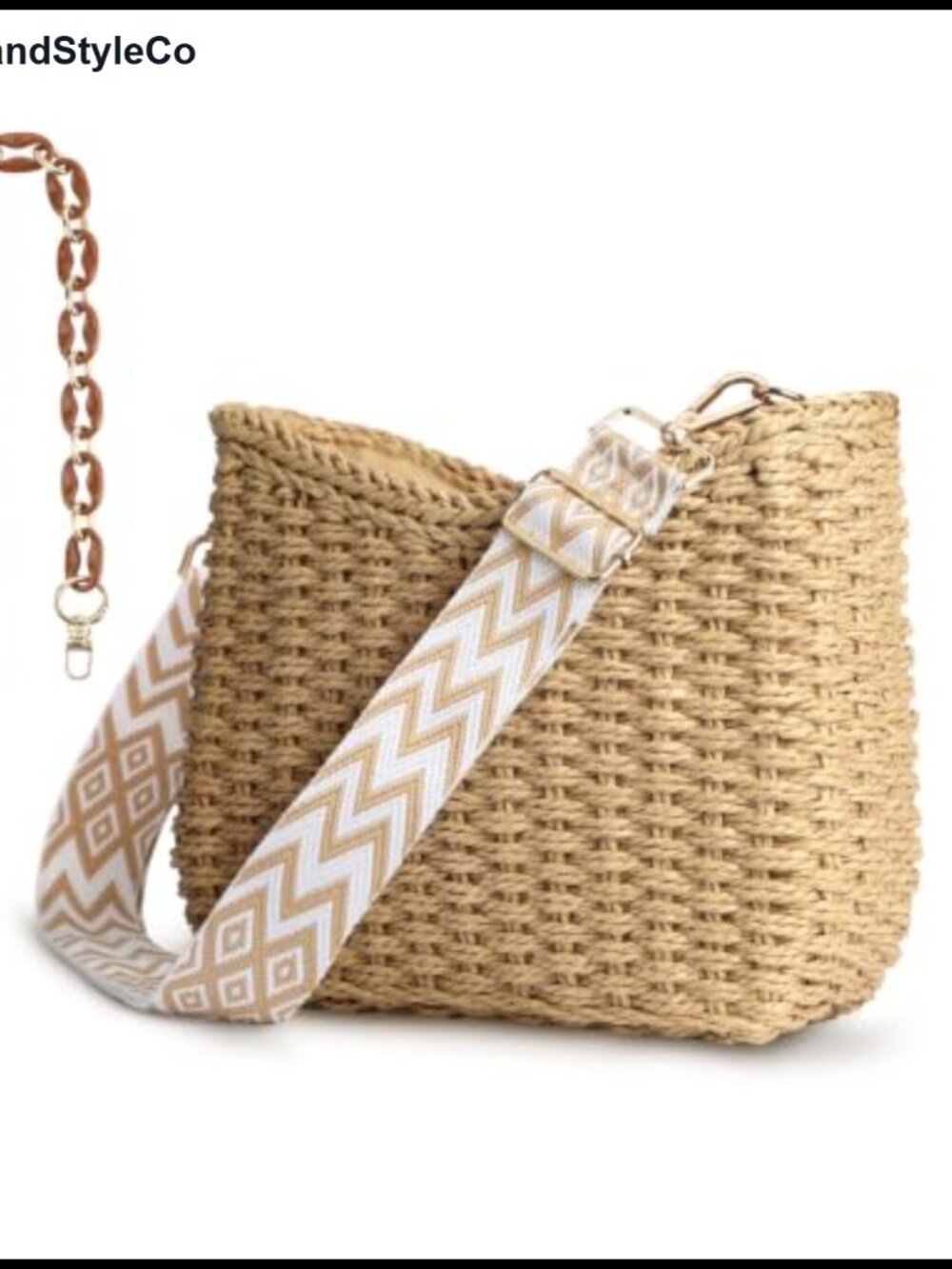 Small Straw Crossbody Handbag Woven Beach Tote with Chain Strap